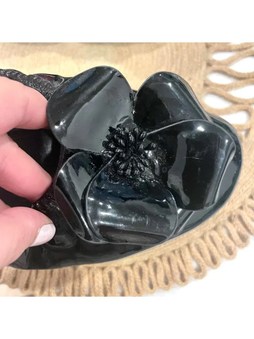 Tory Burch Floral Applique Patent Leather Ballet Flats Size 8 Black
